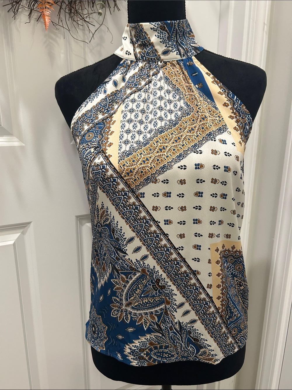 Blue and Cream Paisley Halter Top. Size XS